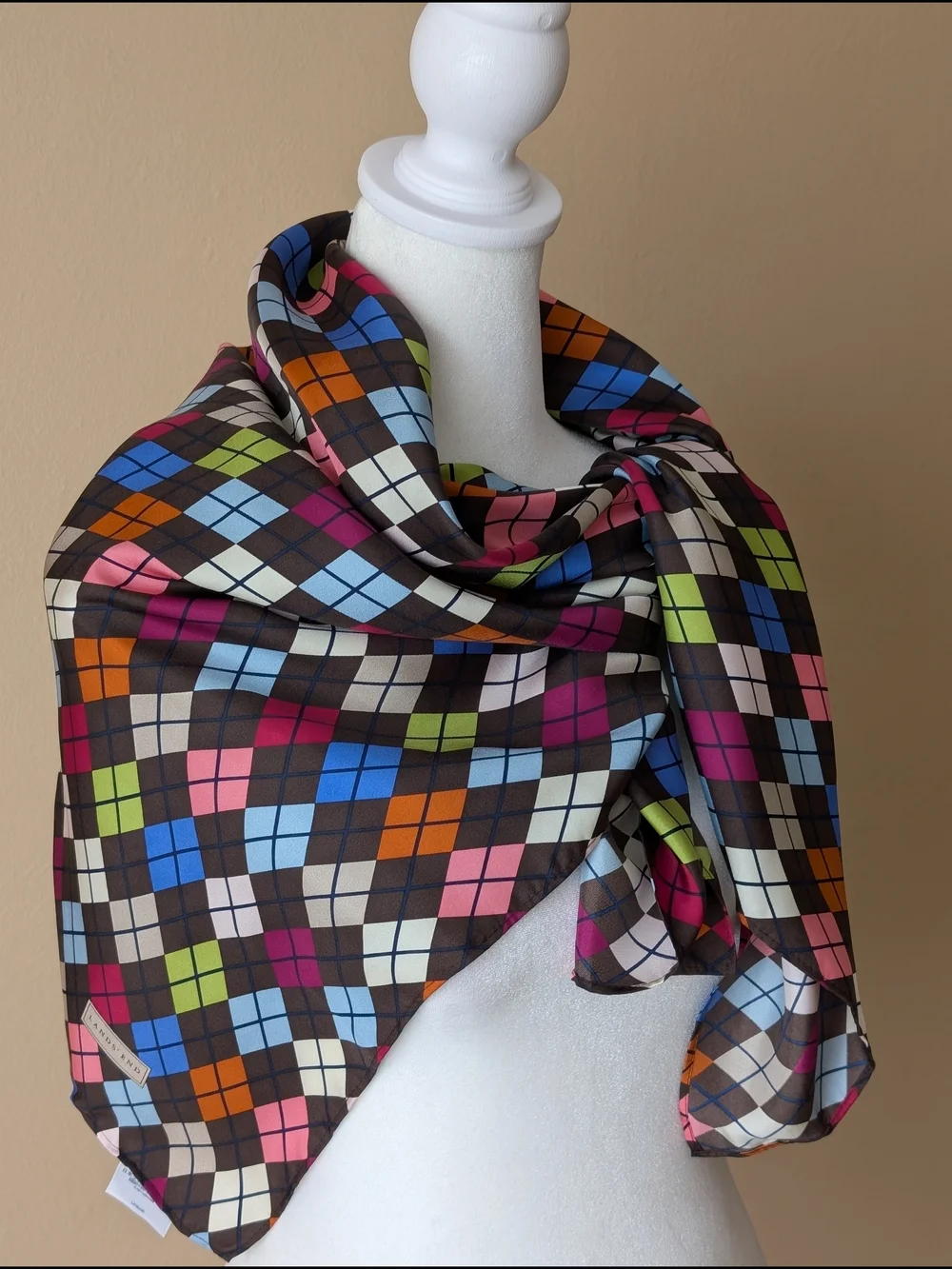 100% Silk Scarf Argyle Style Diamond Geometric 36x36